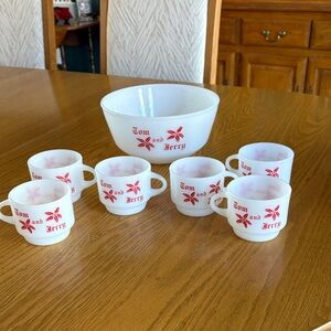 Anchor Hocking Fire King White Milk Glass Bowl and Mug Set Tom & Jerry Egg Nogg